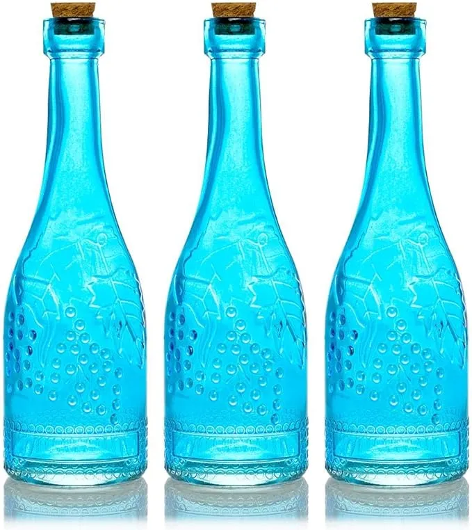 PaperLanternStore 3 Pack 6.6 Stella Turquoise Vintage Glass Bottle with Cork - DIY Wedding Flower Bud Vases