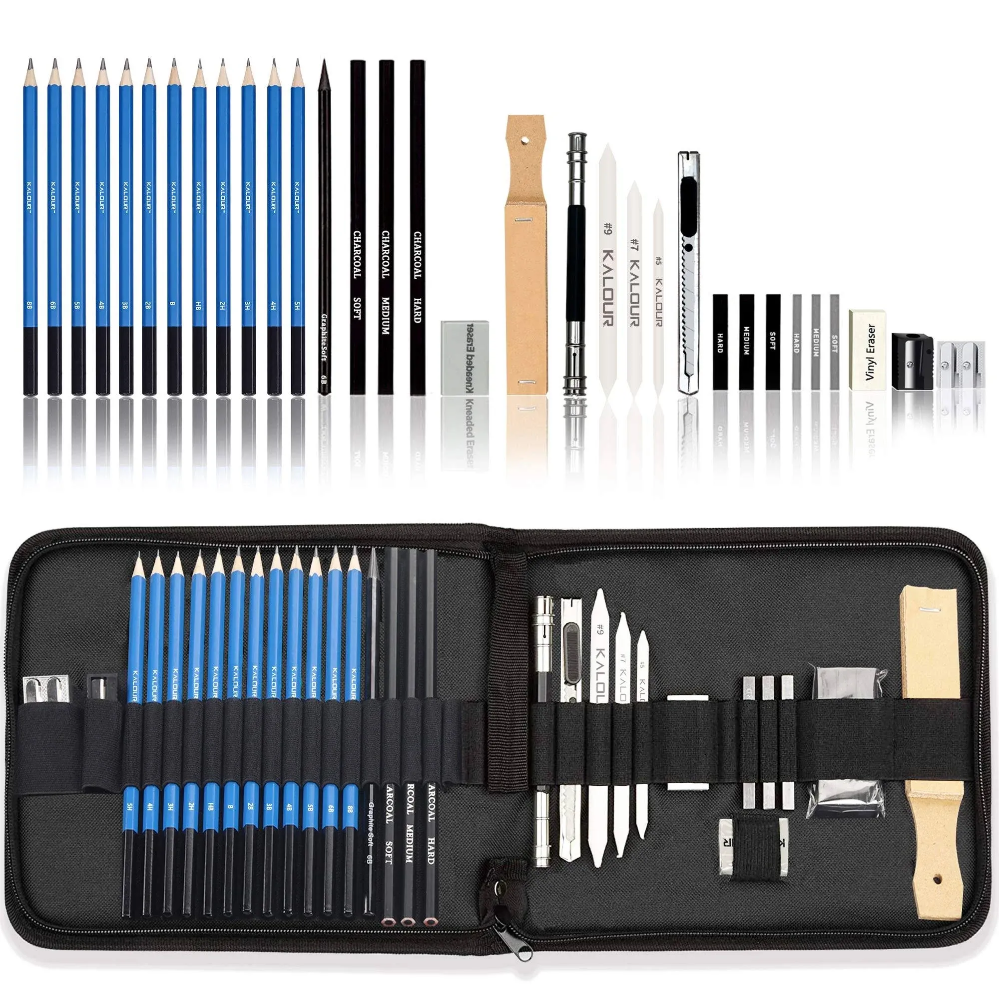 KALOUR 33 Pieces Pro Drawing Kit Sketching Pencils Set,Portable Zippered Travel Case-Charcoal Pencils, Sketch Pencils, Charcoal Stick,Sharpener,Eraser.Art Supplies for Artists Beginner Adults Teens