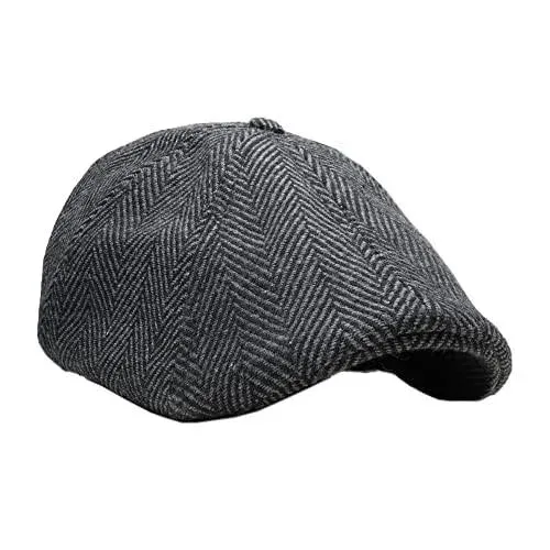 The Original Boston Scally Cap - The Peaky Newsboy Flat Cap - 6 Panel Cotton Fitted Hat for Men - Grey Herringbone