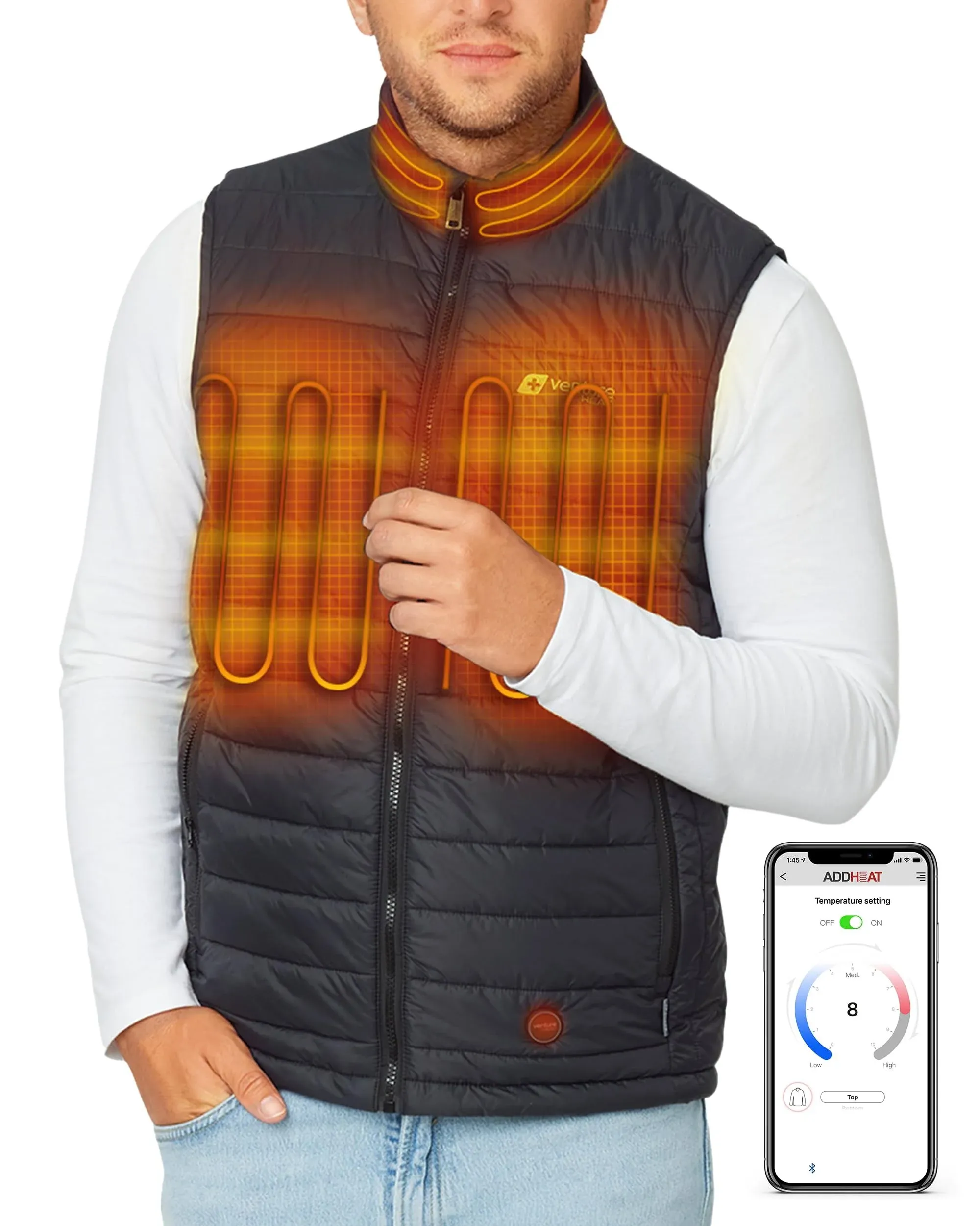 Venture Heat Men's Bluetooth Heated Vest with Battery Pack Included - App Control ...