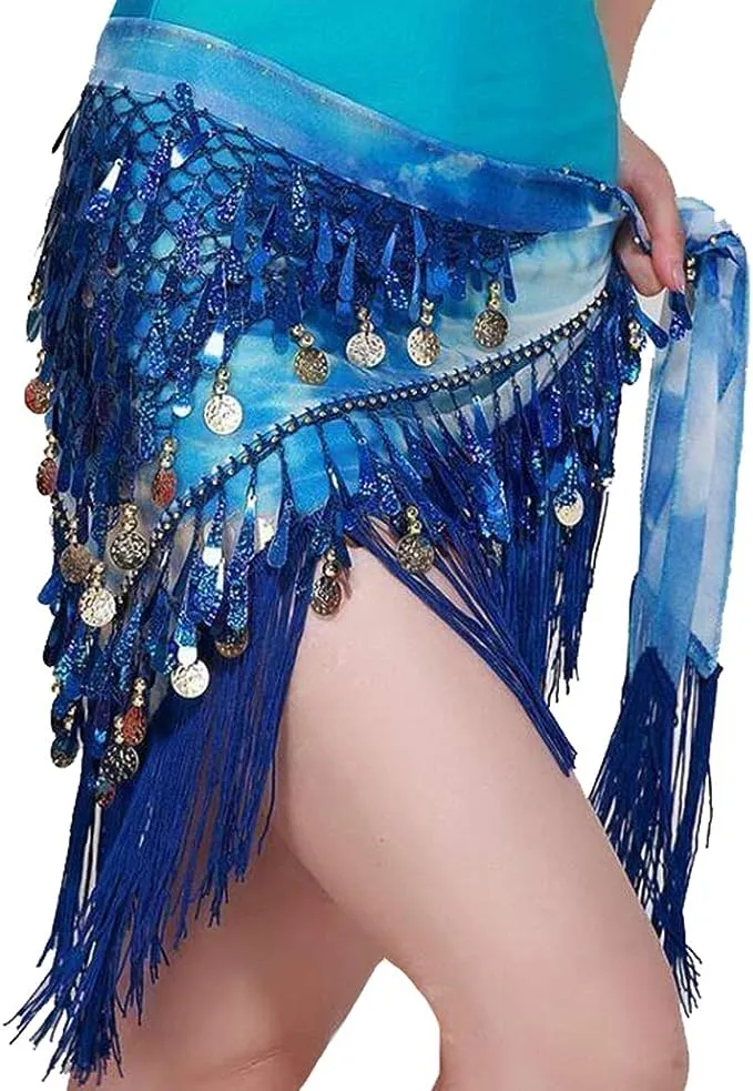 Lauthen.S Belly Dance Hip Scarf with Tassels Sequins, Triangle Coins Wrap Skirt Music Festival Clothing