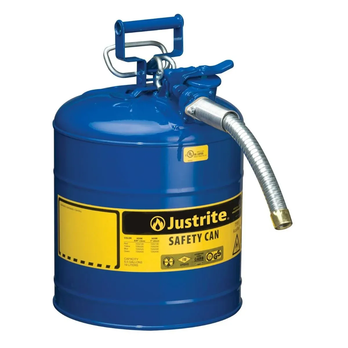 Justrite 7250330 AccuFlow 5 Gallon Galvanized Steel Type II Blue Safety Can