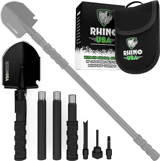 Rhino USA Survival Shovel w/Pick - Heavy Duty Carbon Steel Military Style Entrenching Tool for Off Road, Camping, Gardening, Beach, Digging Dirt, Sand, Mud & Snow. (Survival Shovel)Rhino USA Survival Shovel w/Pick - Heavy Duty Carbon Steel Military Style