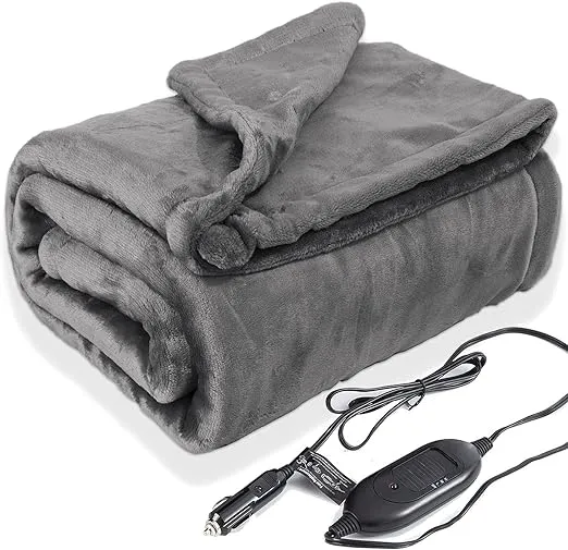 LIFETIVITY Machine Washable Car Heated Blanket 12 Volt Electric Blanket Plug in Flannel Heating Throw for Car Auto SUV Truck with Controller 3 Heating Level 55x40 inch Gray