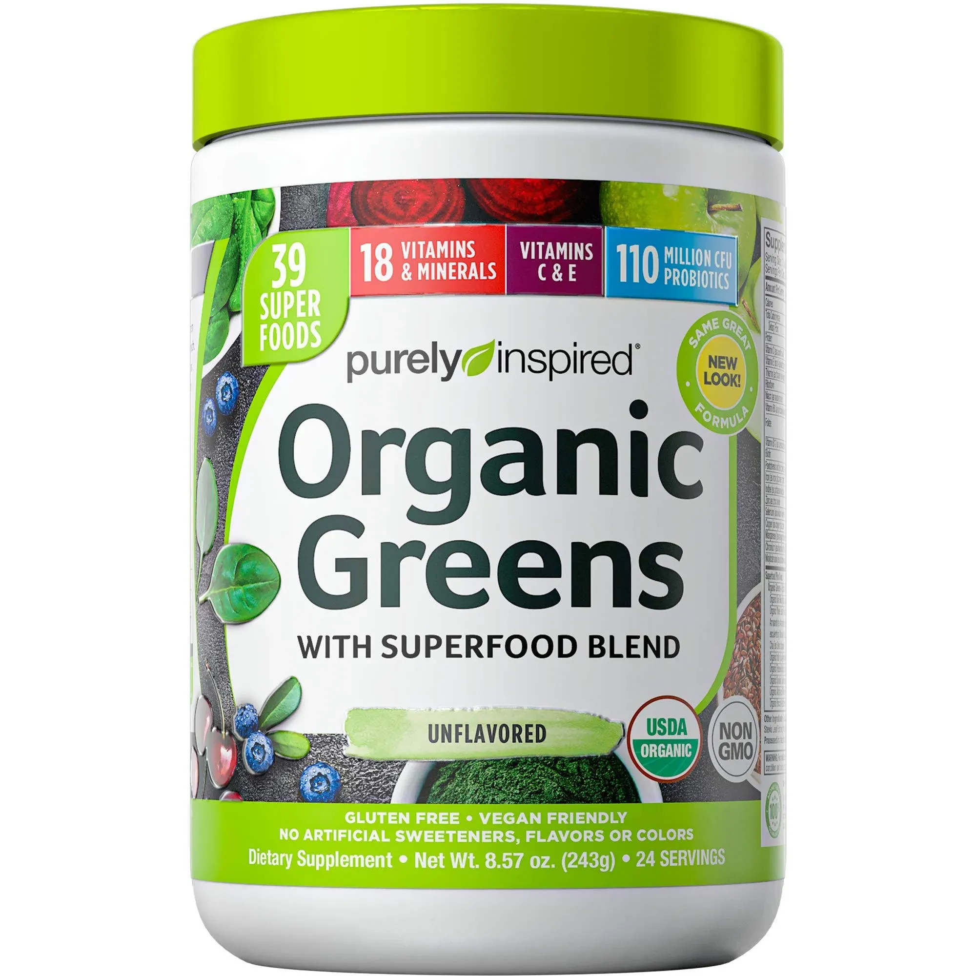 Greens Powder Smoothie Mix Purely Inspired Organic Greens Powder Superfood, Unflavored, 24 Servings (Package May Vary), 8.57 Ounce (Pack of 1)
