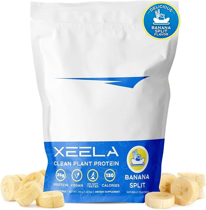 XEELA Plant Based Vegan Protein Powder - Independently Tested - 25g High Protein, Pea Protein for Men & Women - Vitamins & Minerals, Non GMO, Dairy & Gluten Free, LowCarb & LowFat (Banana Split)