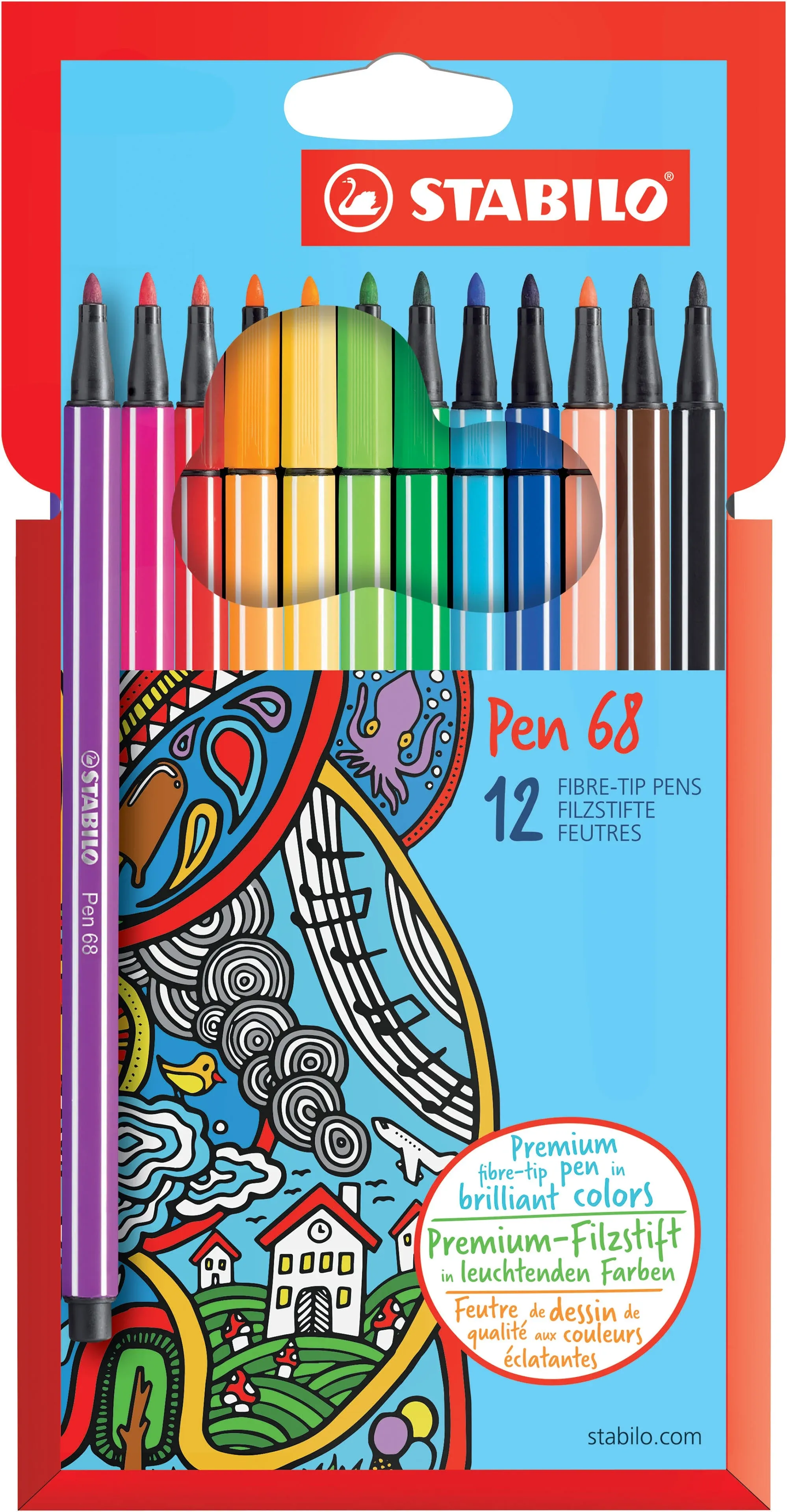 Premium Fibre Felt Tip Pen - STABILO Pen 68 Wallet of 12 Assorted Colours