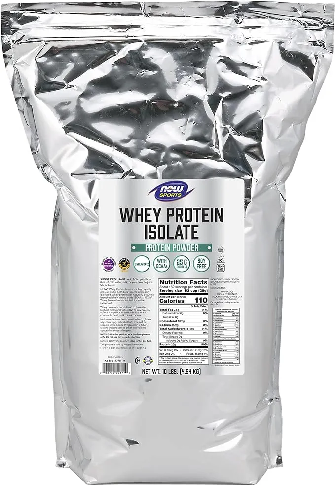 NOW Sports Nutrition, Whey Protein Isolate, 25 g With BCAAs, Unflavored Powder, 5-Pound