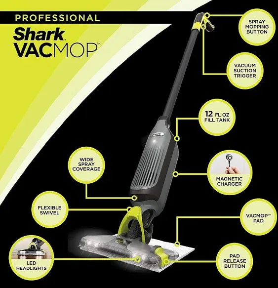 Shark VM252 VACMOP Pro Cordless Hard Floor Vacuum Mop - LED Headlights - 4 Disposable Pads - 12 fl oz. Cleaning Solution - Charcoal Gray