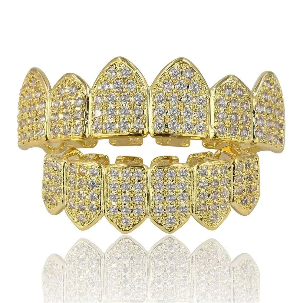 JINAO 18K Gold Plated Top and Bottom Mouth Grill Teeth Macro Pave CZ Iced Out ...