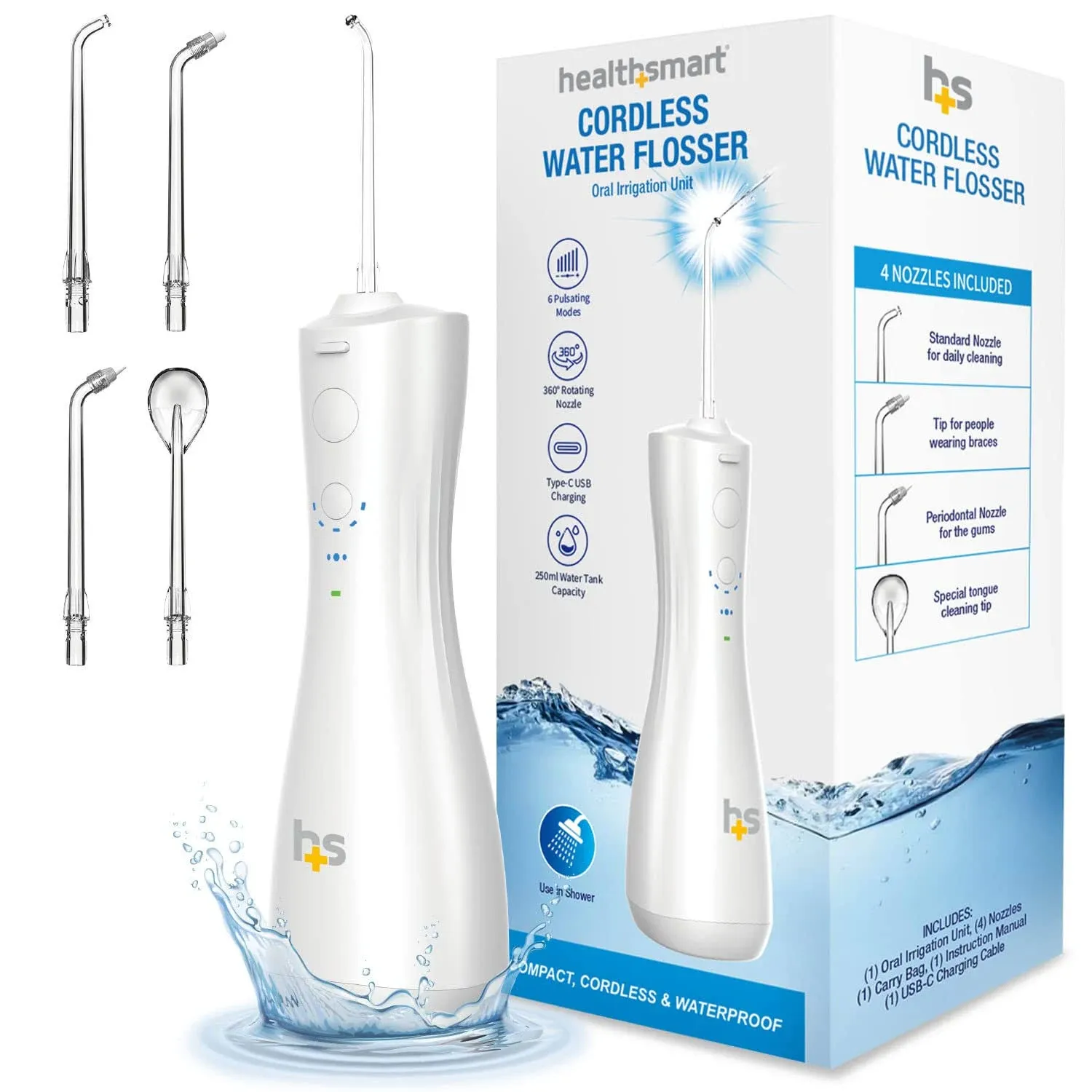 HealthSmart Compact Cordless Water Flosser Rechargeable Type-C USB Removes Food Particles
