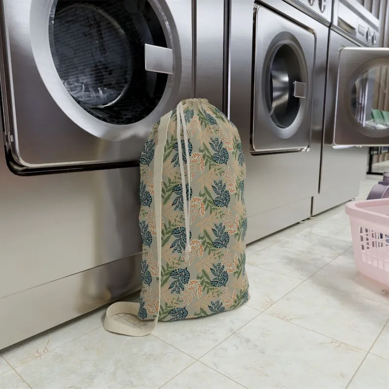 Leafy Relics Laundry Bag with Strap Botanical Leaves Drawstring Laundry Bag Boho Washable Hamper Wash Bag Camp College Apartment Laundry Bag