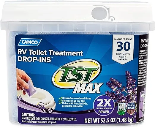 Camco TST MAX Camper/RV Toilet Treatment Drop-INs | Control Unwanted Odors and Break Down Waste and Tissue | Safe Septic Tank Treatment | Orange Scent | 30-Pack (41183)