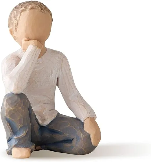 Willow Tree Inquisitive Child, Nurtured by Your Loving Care, Seated Boy Figure in Blue Jeans, Works Well in Groupings That Reflect Family Relationships, Sculpted Hand-Painted Figure