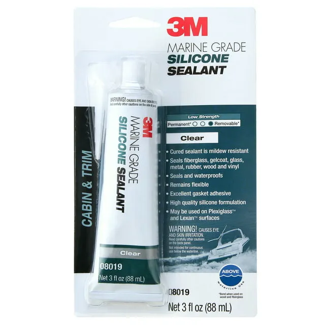 3M Marine Grade Silicone Sealant, 08019, For Boats and RVs, Above the Waterline Interior/Exterior Sealing, Clear, 3 fl oz Tube3M Marine Grade Silicone Sealant, 08019, For Boats an…