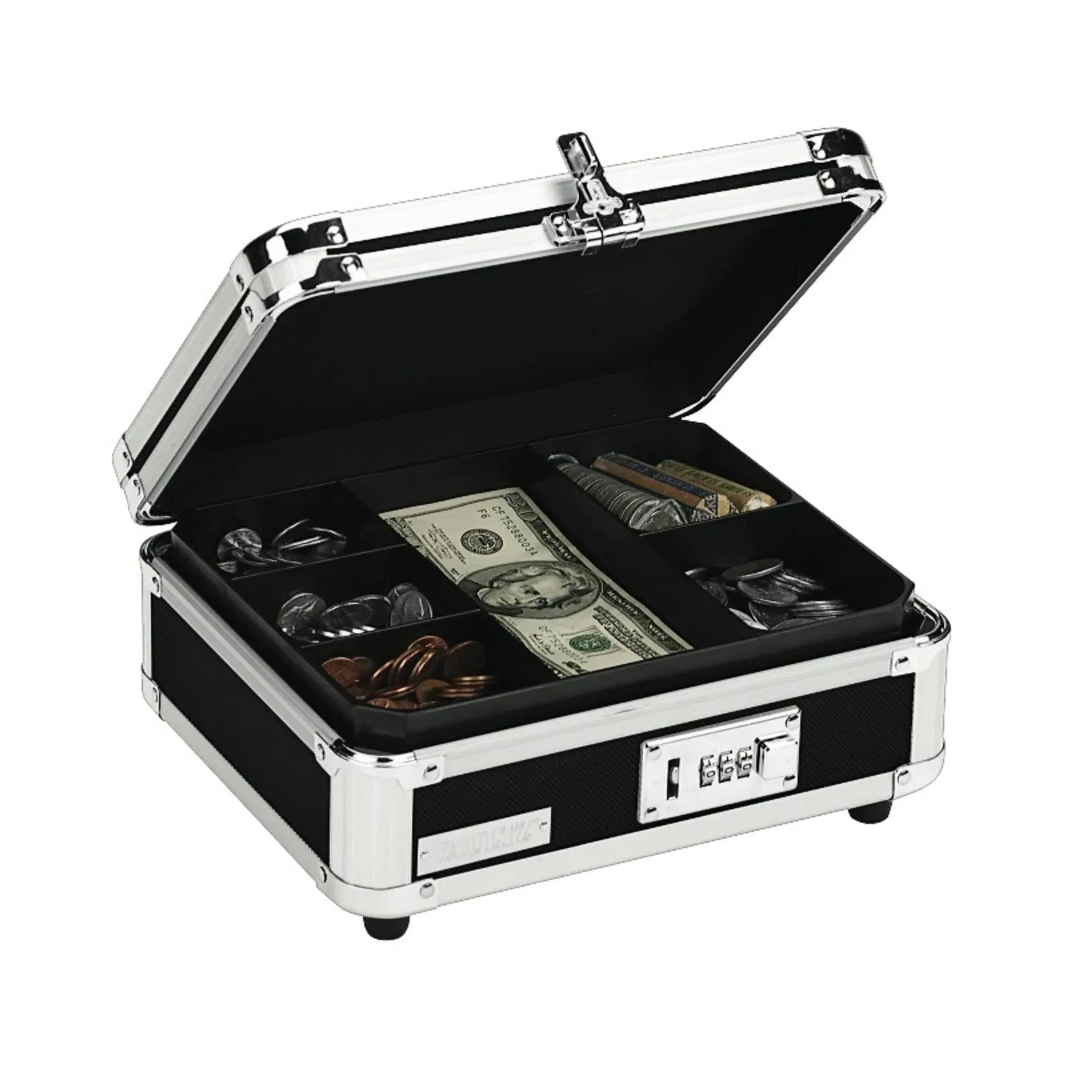 Vaultz Plastic & Steel Cash Box with Tumbler Lock, Black & Chrome