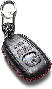 Vitodeco Leather Smart Key Fob Case Cover Compatible with Subaru Forester, Impreza, Outback, WRX, BRZ, XV Crosstrek, Ascent, Solterra 2014 - 2025 (4-Button, Black/Red)