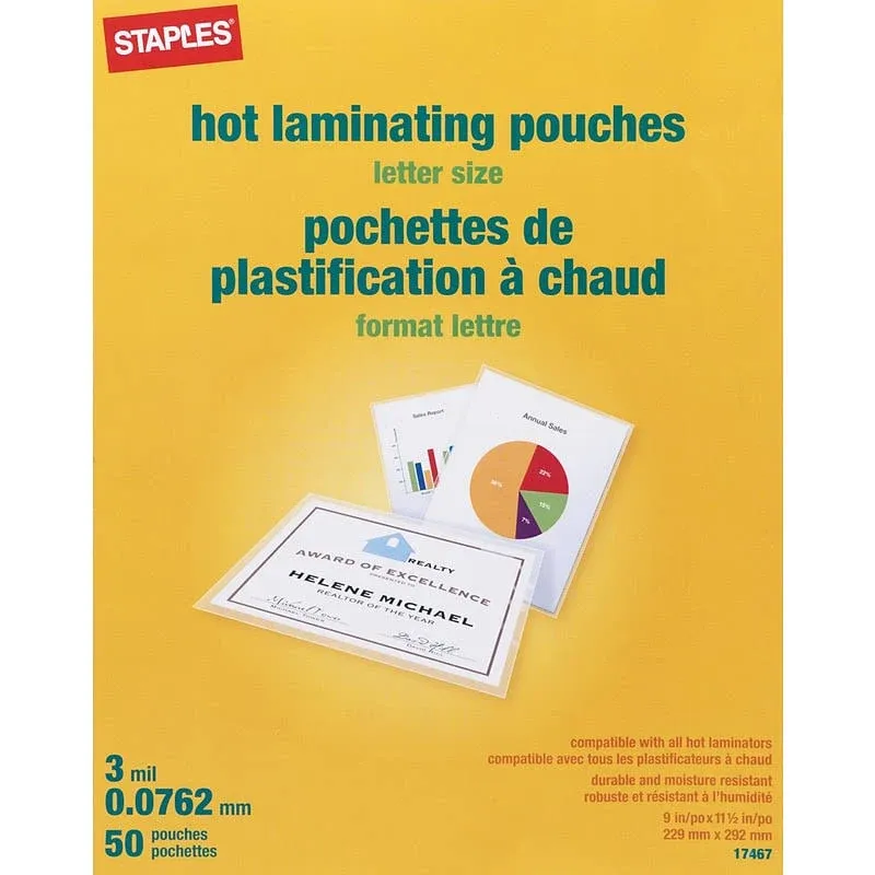 Staples Letter Size Thermal Laminating Pouches, 3 mil, 50 Pack