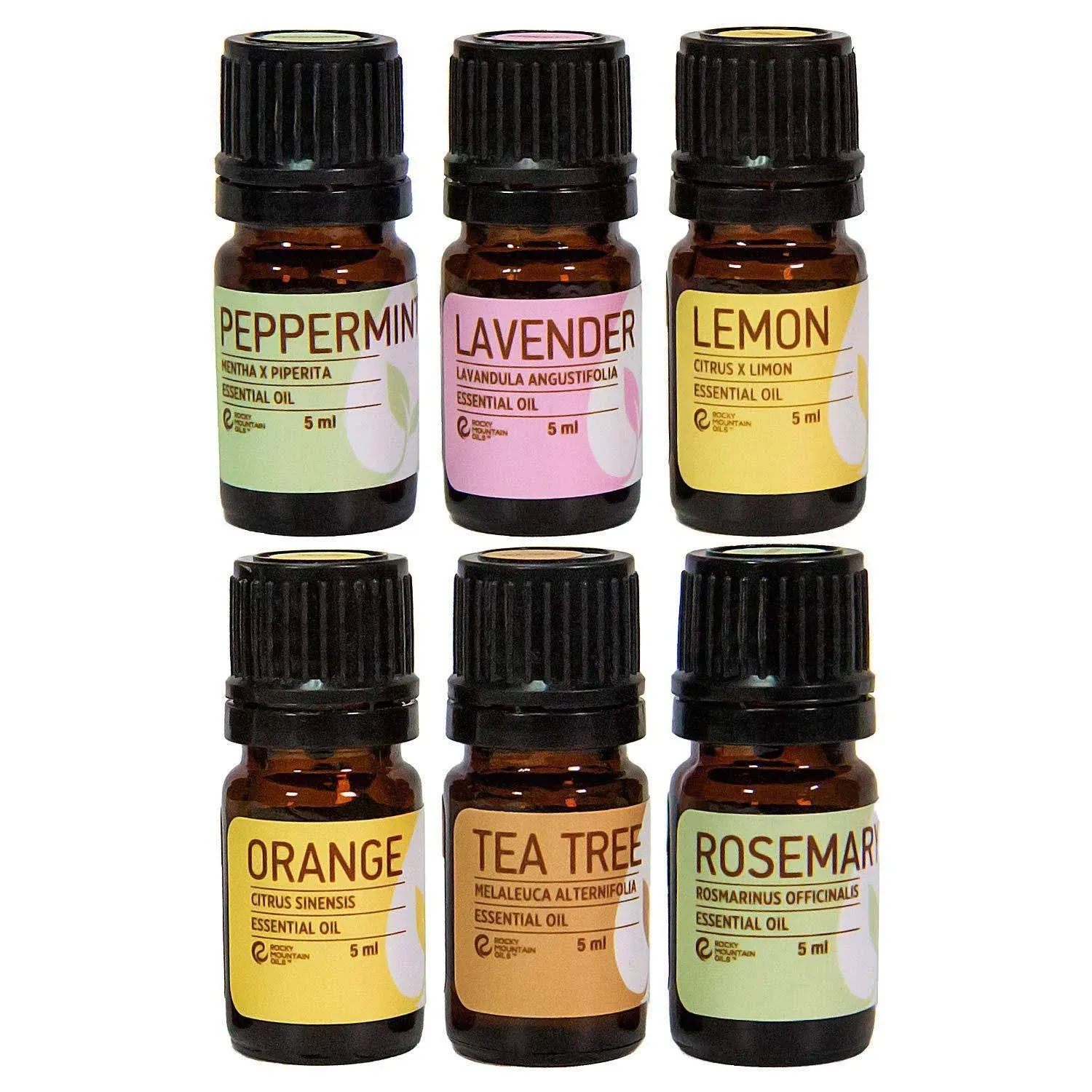 Rocky Mountain Oils The Essentials Kit - Includes Lavender, Lemon, Orange, Peppermint, Tea Tree, and Rosemary Essential Oil - Topical, and Cleaning - 5ml