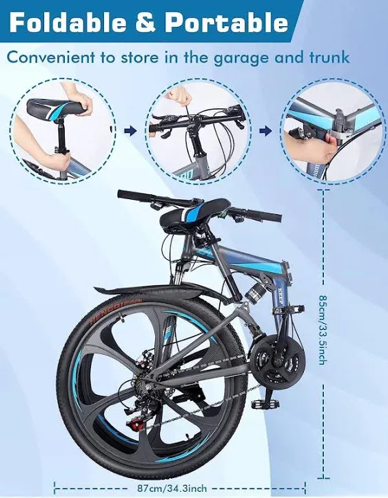 Zacro 26 inch Folding Mountain Bike, Compact Mountain Bike with 24 Speed Dual Disc Brake and Shock Absorbers Alloy Wheels