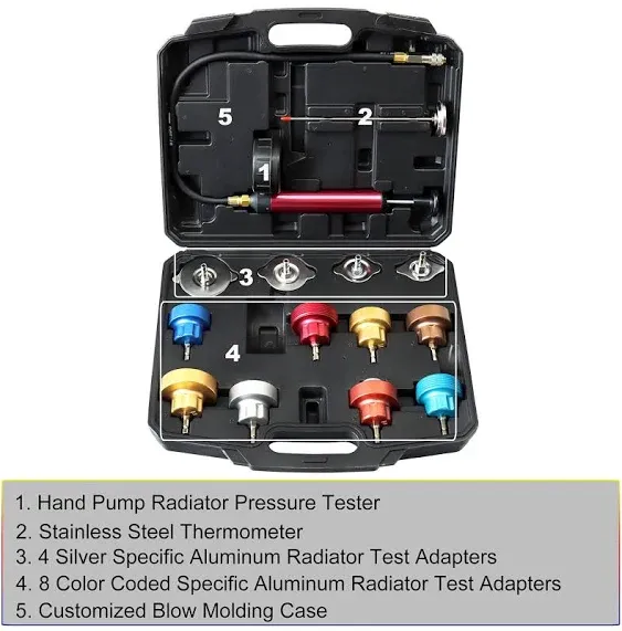 JIFETOR Radiator Pressure Leakage Tester Tool Kit, 14PCS Automotive Cooling System Water Tank Leak Test Detector Set with Aluminum Hand Pump and Adapters