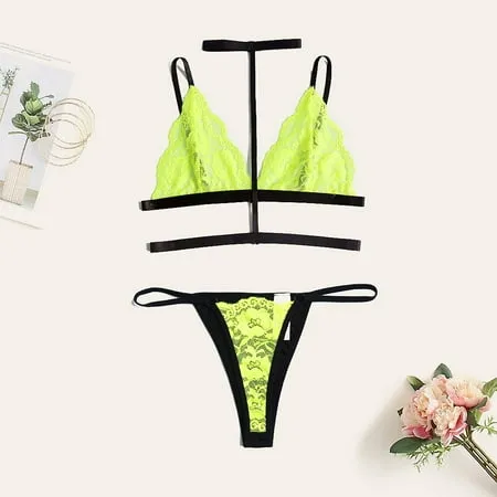 Womens Underwear New Women Eyelash Lace Wireless V-Neck Bra G-String Lingerie Set Thong M-3Xl Underwear For Women Hot Pink Xl