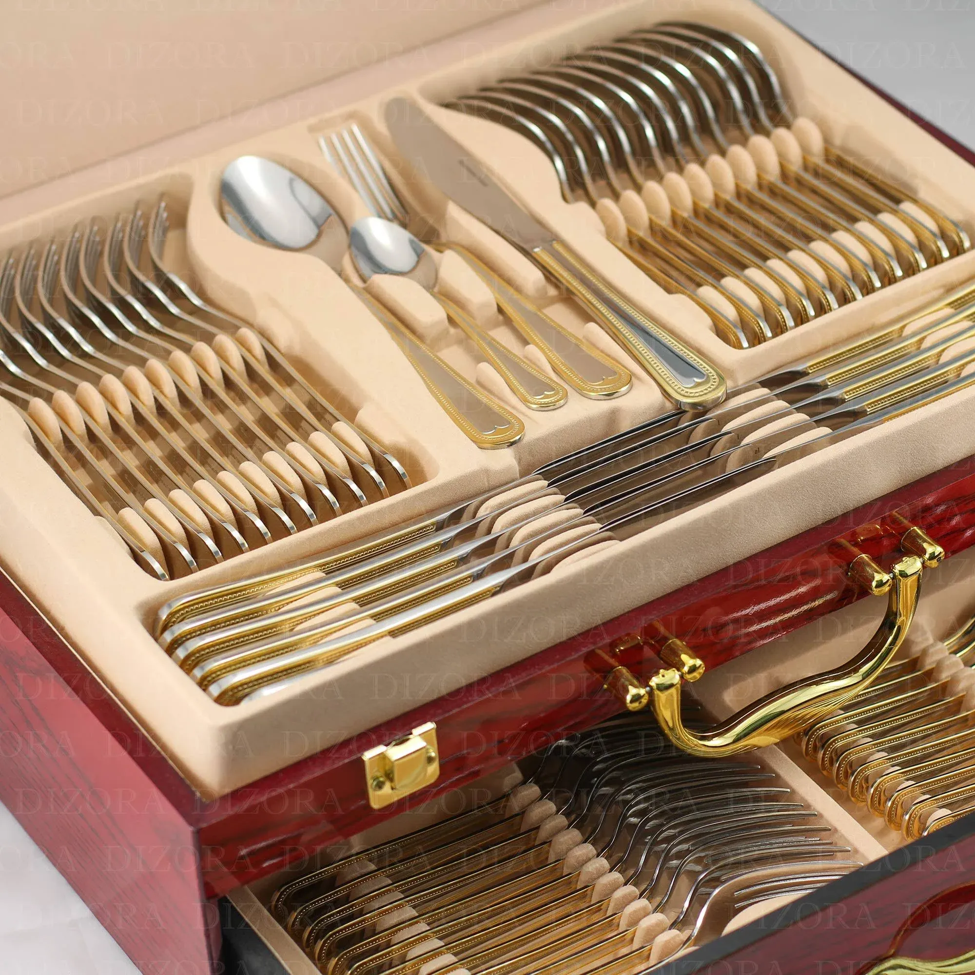 75-Piece Flatware Set for 12, Premium 18/10 Surgical Stainless Steel Silverware Cutlery Dining Service, 24K Gold-Plated Hostess Serving Set, Gift Wooden Storage Case (Pearls - Gold - 75pc)