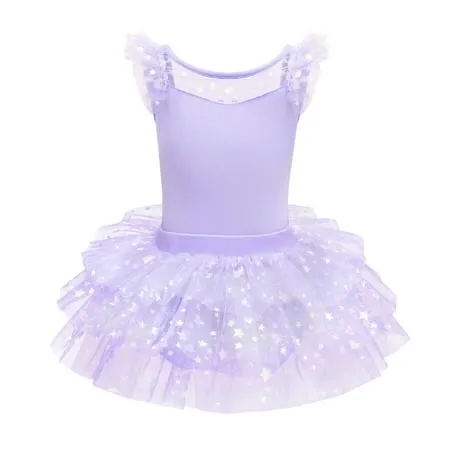 IBTOM CASTLE Kid Girls Glitter Star Tutu Skirted Leotard Sequin Ruffle Sleeve Ballet Dance Dress Ballerina Dancewear Gymnastics Outfit 9-10 Years Purple