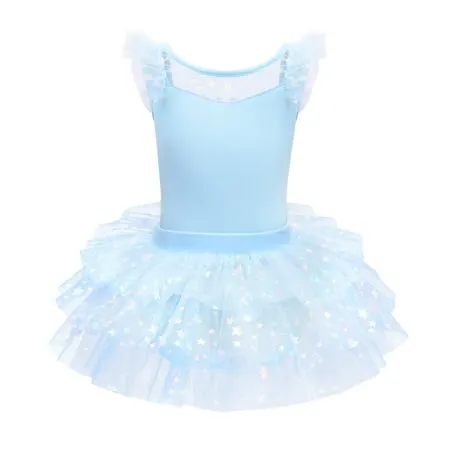 IBTOM CASTLE Kid Girls Glitter Star Tutu Skirted Leotard Sequin Ruffle Sleeve Ballet Dance Dress Ballerina Dancewear Gymnastics Outfit 7-8 Years Blue