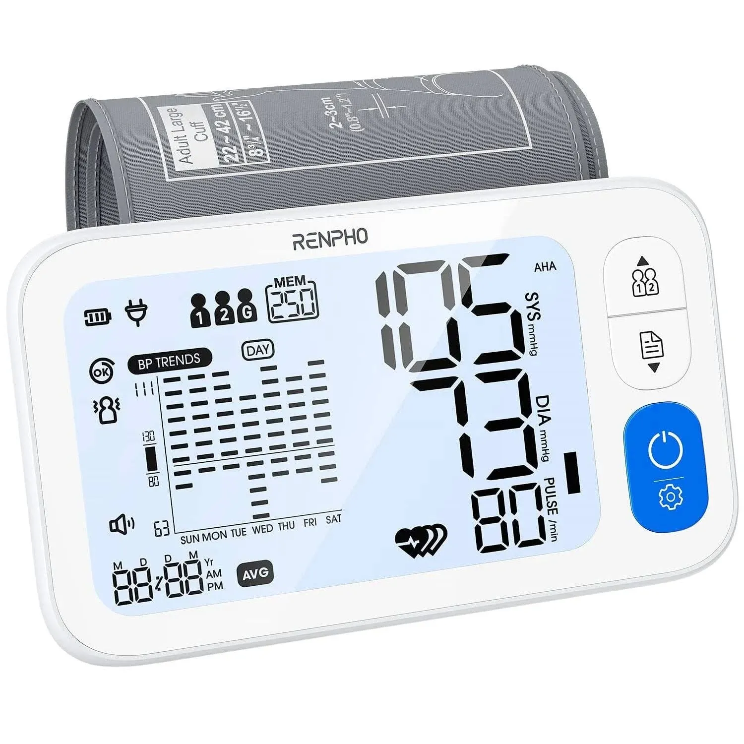 RENPHO Upper Arm Blood Pressure Monitor, Automatic Digital BP Machine Blood Pressure Cuffs with Speaker, Extra Large Cuff, LCD Display, 2 Users, 240 Recordings for Home Office Travel Parents Pregnancy