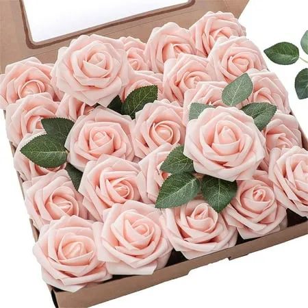 Floroom Artificial Flowers 25pcs Real Looking Beige Foam Fake Roses with Stems for DIY Wedding Bouquets Bridal Shower Centerpieces Floral Arrangements Party Tables Home Decorations