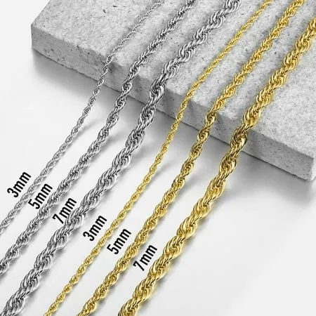 3/5/7mm Width 18-24 inches Twisted Rope Link Chain Silver/Gold Stainless Steel Necklace Men Women