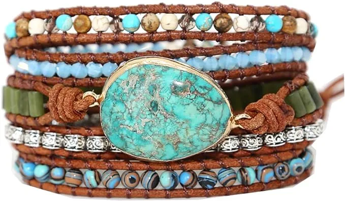 ZOSOJONA Boho Handmade Natural Stone Wrap Bracelets Turquoises Crystal Beads Bracelet Jewelry