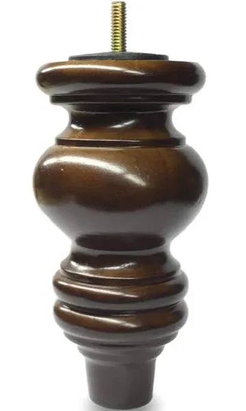 6" Turned Round Buns Walnut Tapered Furniture Wood Legs 5/16" Bolt - Set of 4