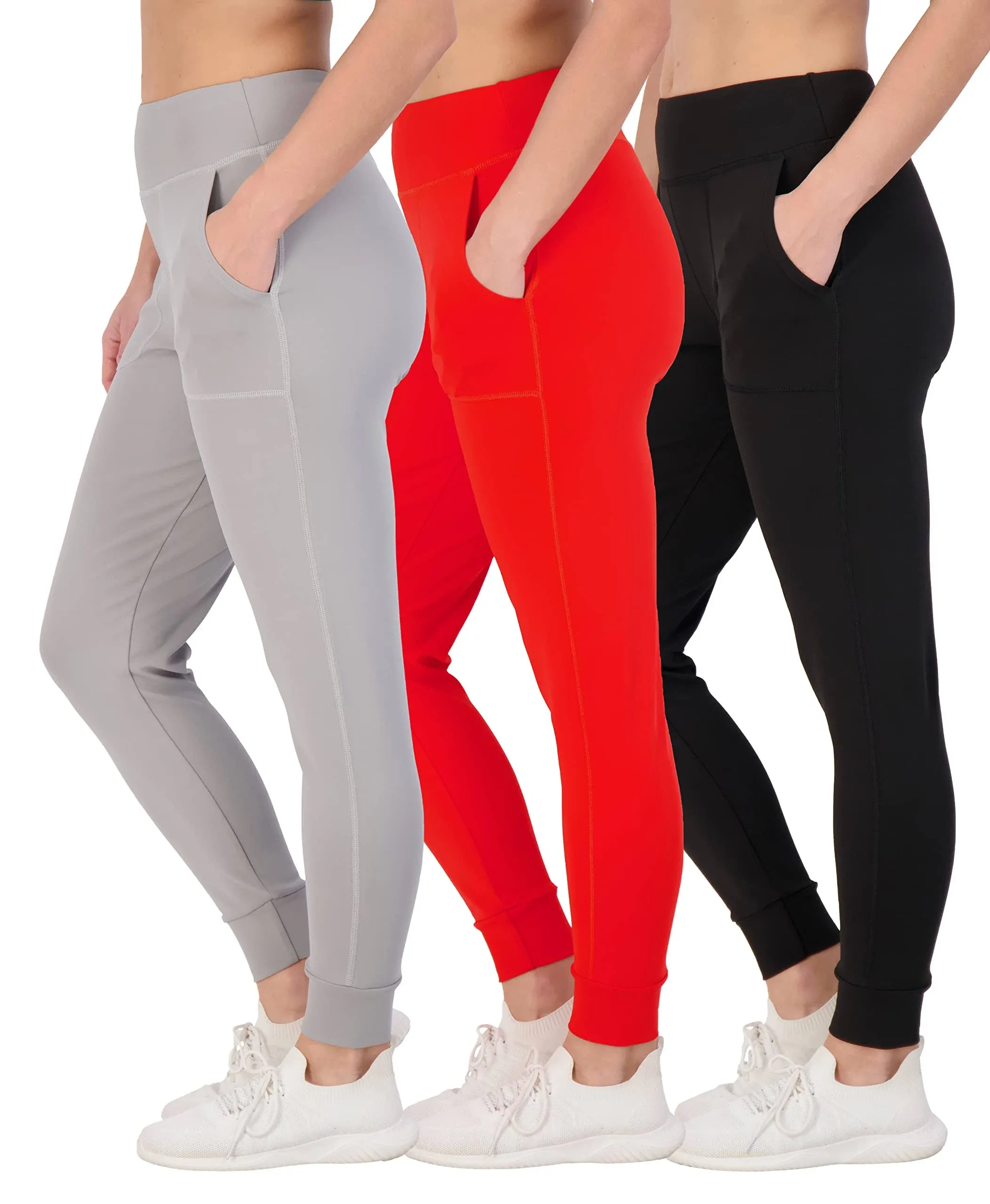 Real Essentials 3 Pack: Women's Joggers with Pockets - High Waist Workout Yoga ...