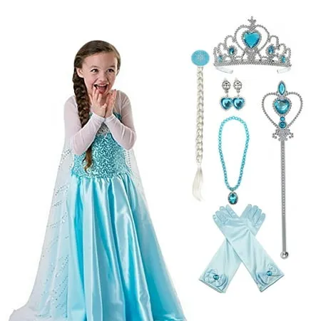 Princess Costumes Dress Up for Little Girls with Wig,Crown,Mace,Gloves Accessories Age of 3-12 Years