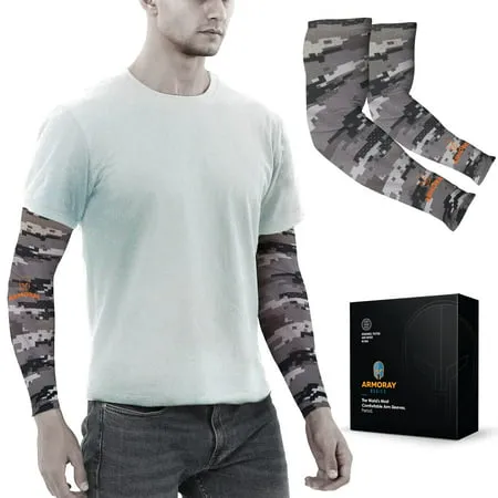 ARMORAY Arm Sleeves for Men & Women- UV Sun Protection - Tattoo Cover Up - Athletic Sports Sleeve for Golf Running Football (Gray Camo 1 Pair)