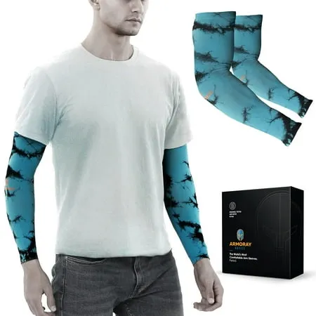 ARMORAY Arm Sleeves for Men & Women- UV Sun Protection - Tattoo Cover Up - Athletic Sports Sleeve for Golf Running Football (Black Teal 1 Pair)