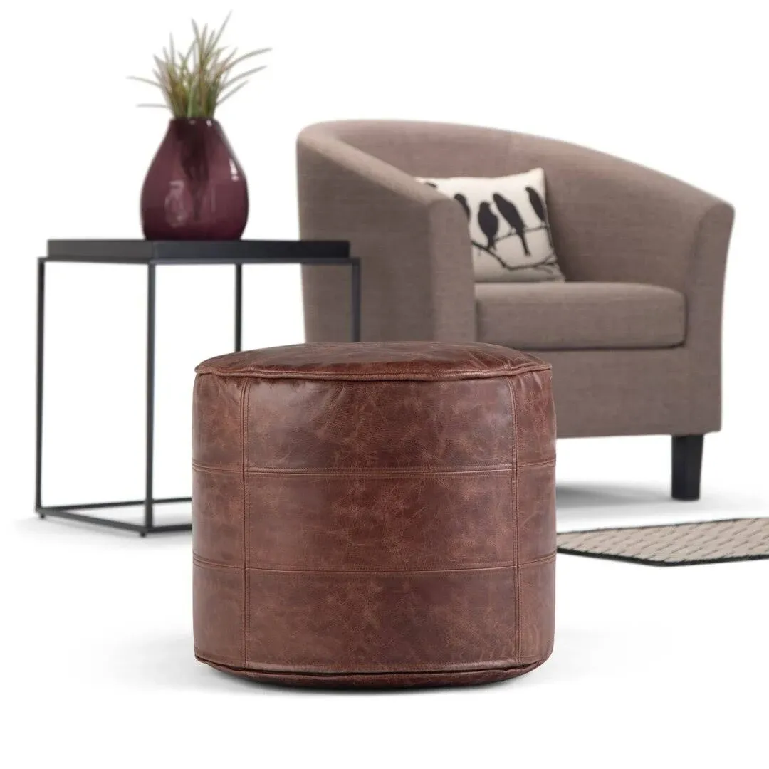 Connor Boho Round Pouf in Distressed Brown Genuine Leather