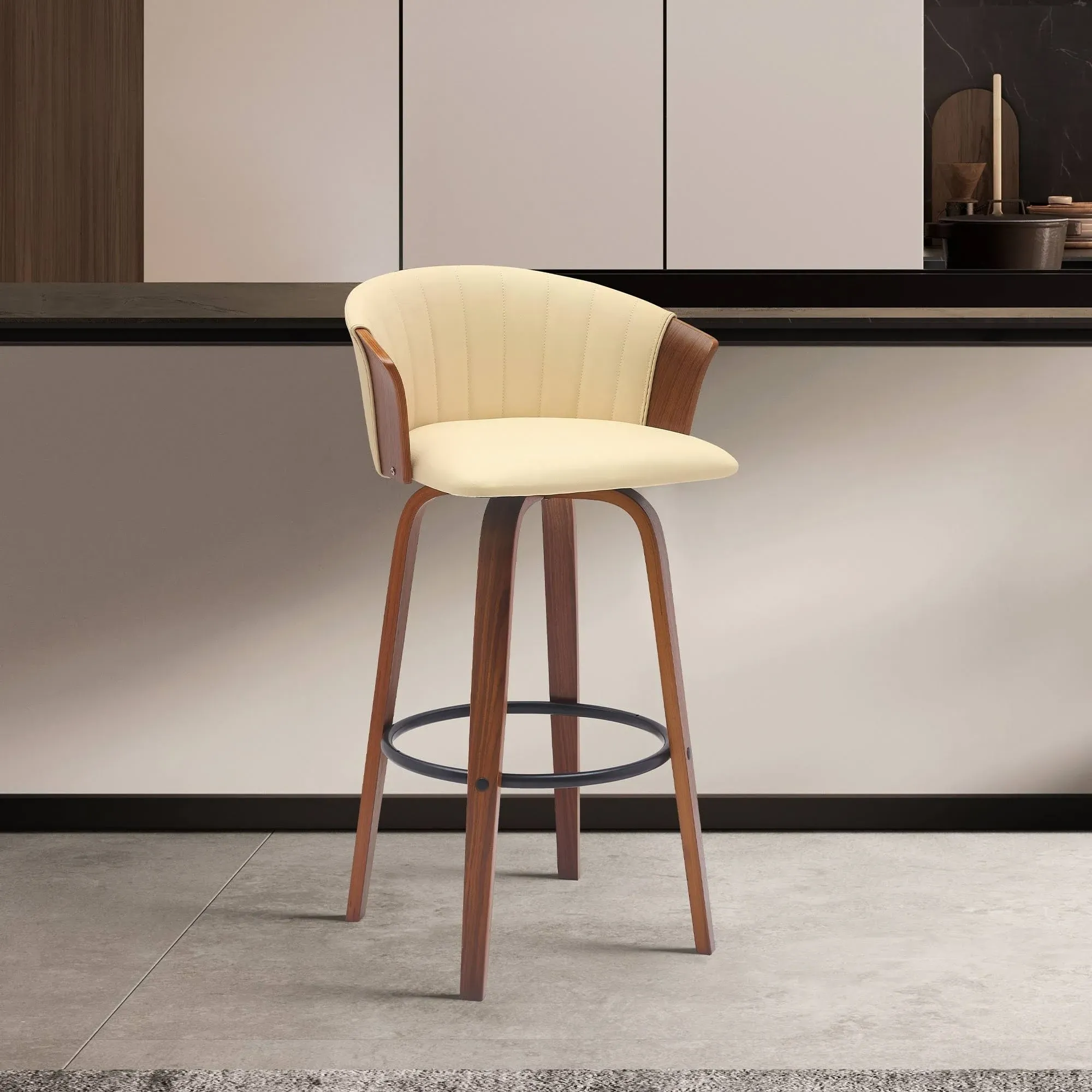 Diana 30" Swivel Walnut Wood Bar Stool in Cream Faux Leather – Armen Living LCDIBAWACR30