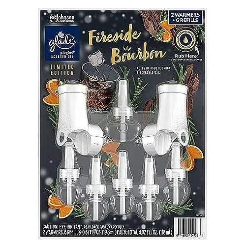 Glade PlugIns Scented Oil, 2 Warmers + 6 Refills, Fireside Bourbon