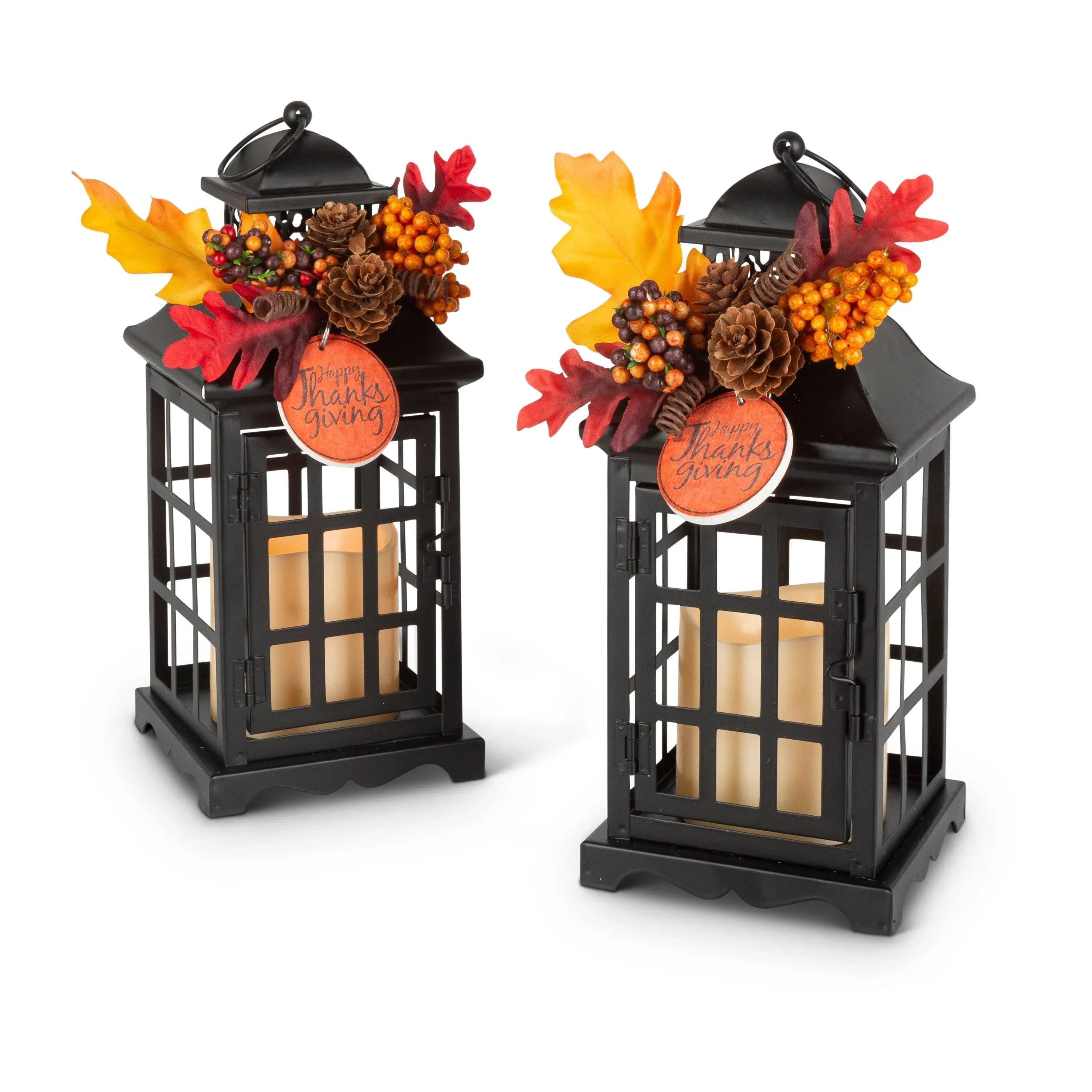 Gerson 2 Lighted Metal Thanksgiving Lanterns with Candle