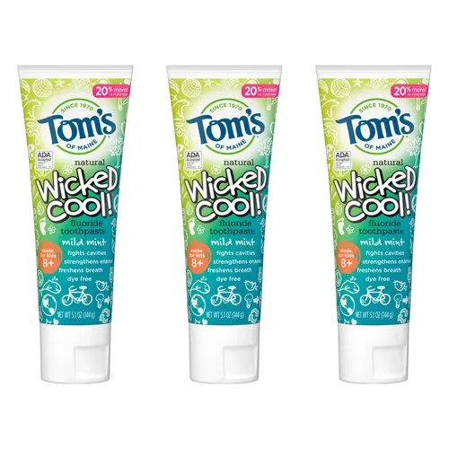 Tom's of Maine ADA Approved Wicked Cool! Fluoride Children's Toothpaste, Natural Toothpaste, Dye Free, No Artificial Preservatives, Mild Mint, 5.1 oz