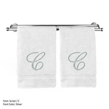 Monogrammed Hand Towel Personalized Gift 16 x 30 Inches - Set of 2 - Silver Embroidered Towel - Extra Absorbent 100% Turkish Cotton- Soft Terry Finish - For Bathroom Kitchen and Spa- Script C White