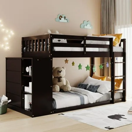 Twin over Twin Bunk Bed with 4 Drawers and 3 Shelves Solid Wood Floor Bunk Bed Frame with Safety Guardrail & Ladder Multifunctional Low Bunk Bed for Teens Space-Saving No Box Spring Needed Espresso