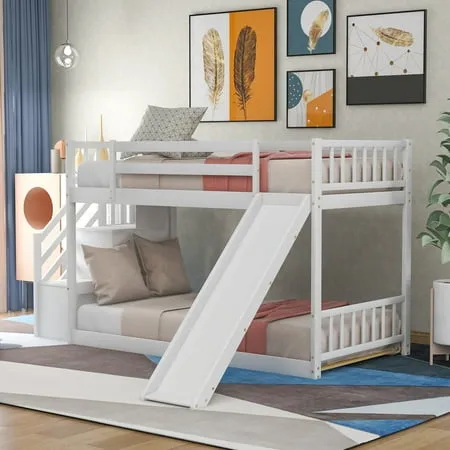 Space Saving Bunk Bed Frame with Storage Solid Wood Twin Bunk Bed with Convertible Slide & Stairway Safety Guardrail Twin over Twin Bunk Bed for Kids Teens Room No Box Spring Needed White D4807