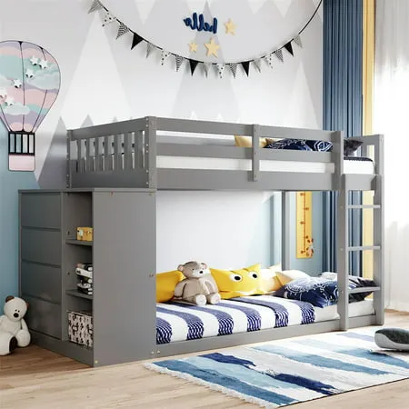 Twin over Twin Bunk Bed with 4 Drawers and 3 Shelves Solid Wood Floor Bunk Bed Frame with Safety Guardrail & Ladder Multifunctional Low Bunk Bed for Teens Space-Saving No Box Spring Needed Gray