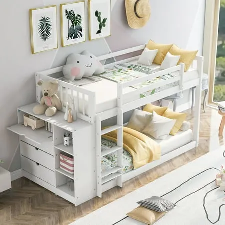 Twin Bunk Beds for Kids Bunk Beds Frame Space Saving Twin over Twin Bunk Beds with 4 Drawers & 3 Shelves Solid Wood Bunk Beds with Ladder and Safety Guardrail No Box Spring Needed White D3303