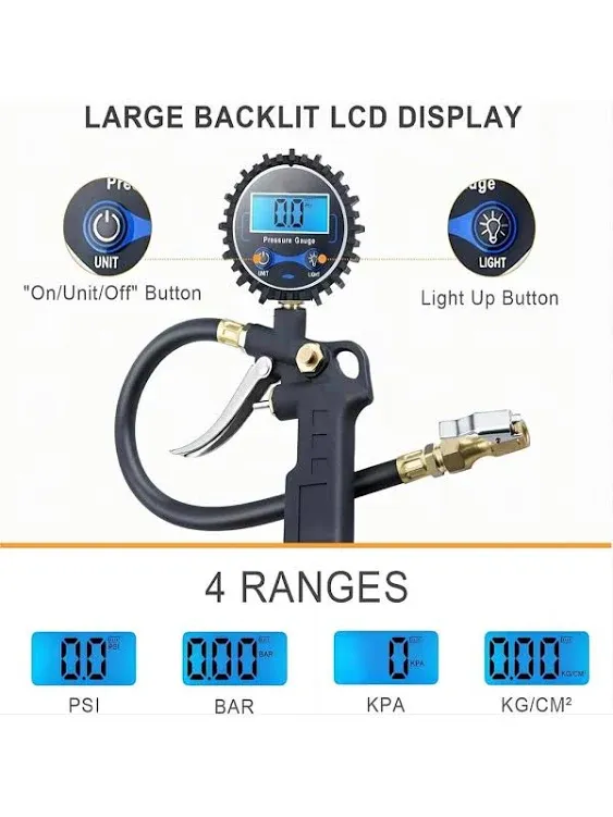 Digital Tire Pressure Gauge with Inflator, 250 PSI Air Chuck and Compressor ...