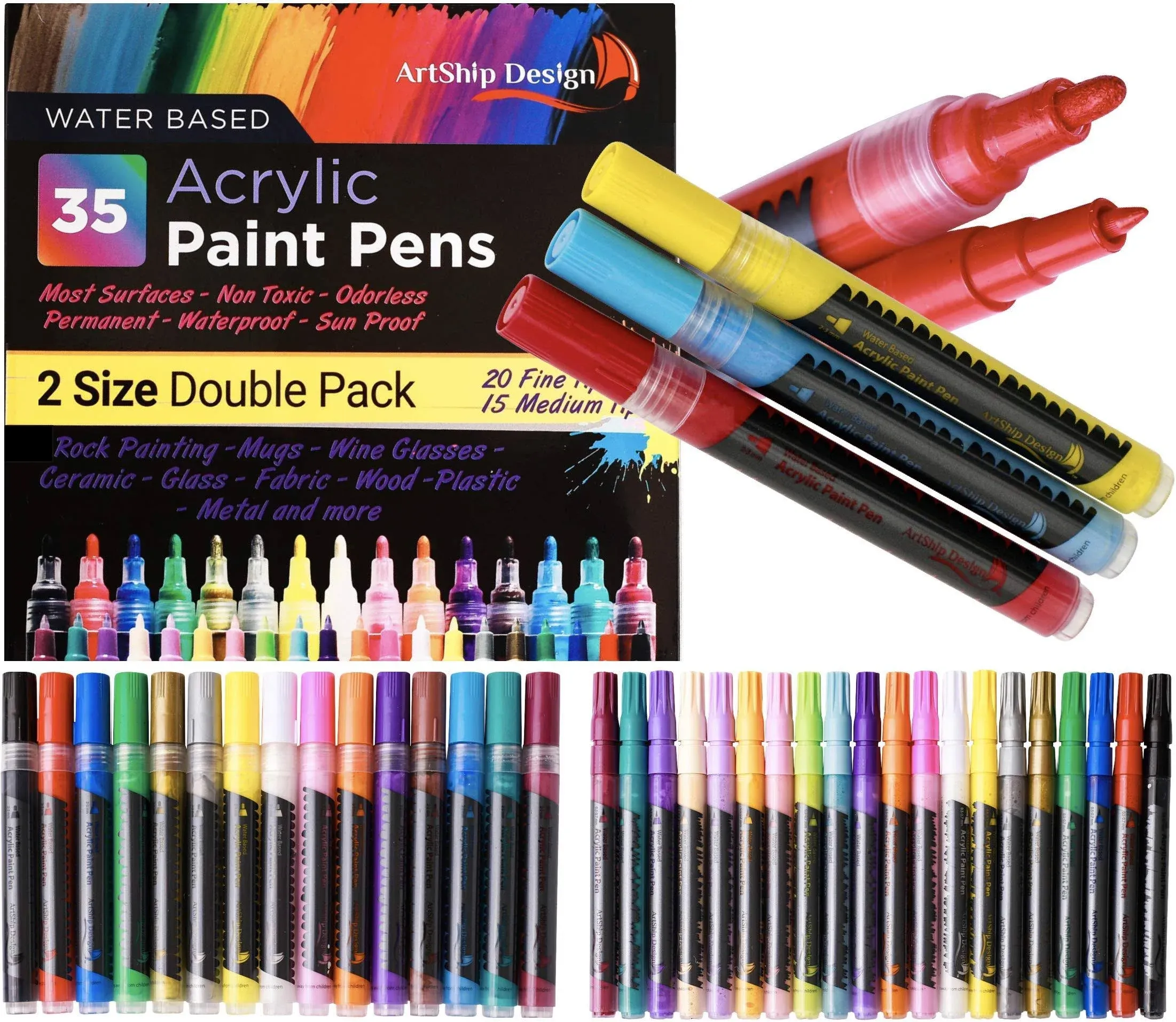 ArtShip Design Acrylic Paint Pens 35 Pack - Extra Fine &amp; Medium Tips for Rock